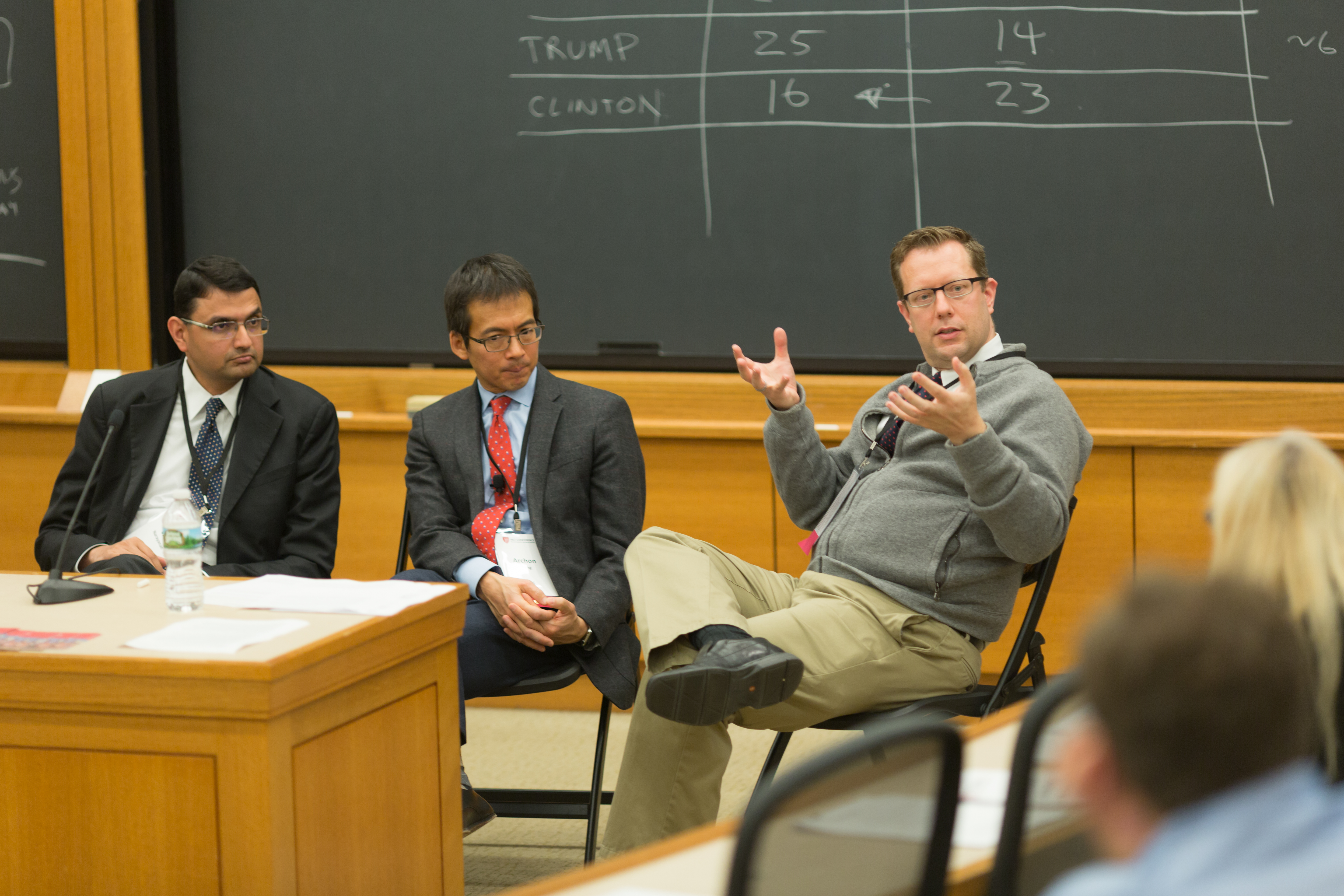 Professor V.G. Narayanan, Professor Archon Fung, and Associate Dean for Learning and Teaching Matt Miller speak to attendees in breakout session "Case teaching as practiced across disciplines and professions at Harvard."