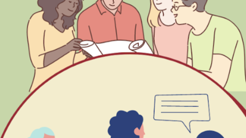 Illustrations of people talking in two groups.