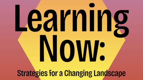 Yellow hexagon with black text over it on a gradient pink and orange background.