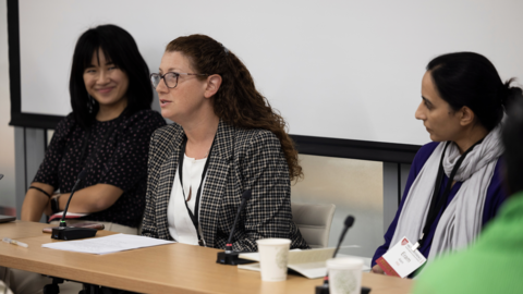A panel of educators speaking into the table microphones
