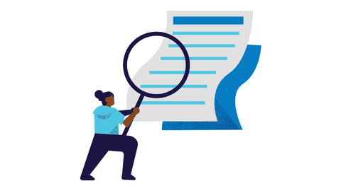 An illustration of a woman looking into a magnifying glass. 