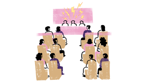 Illustration of a conference room where attendees are watching a presentation. 