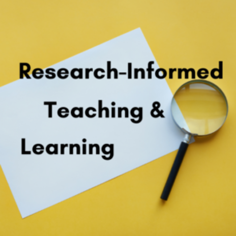 Research informed teaching and learning yellow logo with black handle magnifying glass.