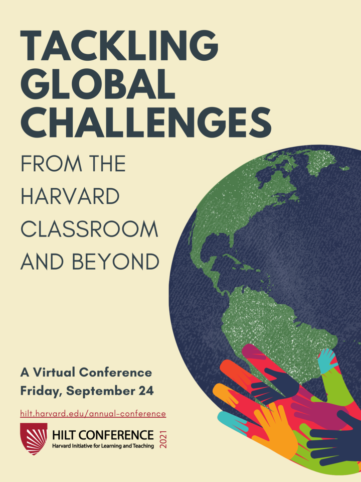 Green and blue world glob illustration on a yellow HILT Conference flyer.