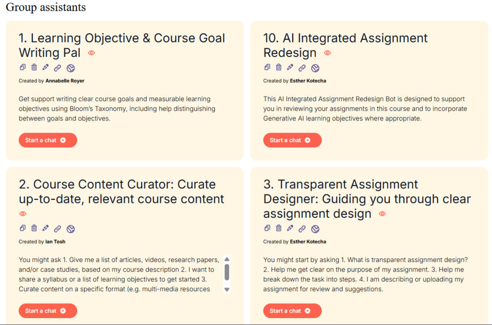 A captured screenshot of group sessions and assistants that will be held during the GenAI affinity Group event