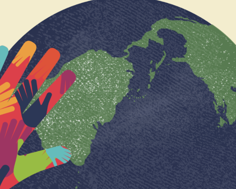 Green and blue illustration of the world globe.