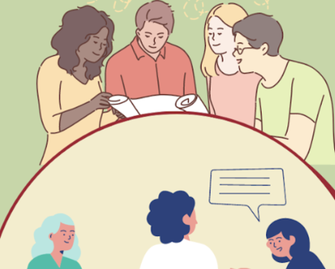 Illustrations of people talking in two groups.