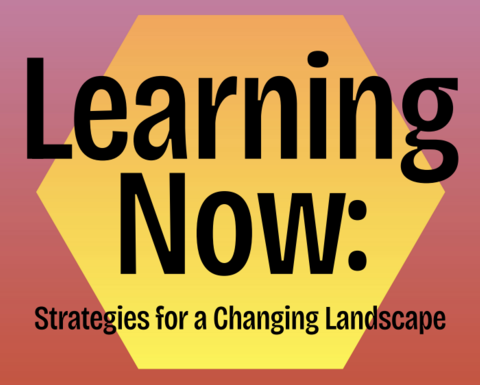 Yellow hexagon with black text over it on a gradient pink and orange background.