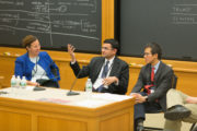 Carolyn Wood, Professor CV.G. Narayanan, and Professor Archon Fung speak to attendees in breakout session "Case teaching as practiced across disciplines and professions at Harvard."