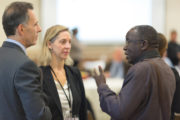Jack Goldstone and Rebecca Winthrop speak with Professor Jacob Olupona after the morning plenary session