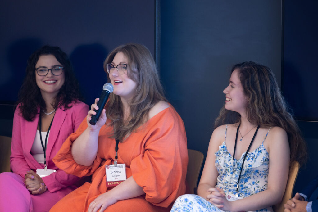 "Students’ Perspectives on Generative AI in Higher Education" breakout session speakers in conversation with audience (from left to right) Anna Ivanov, Siriana Lundgren, and Naomi Bashkansky.