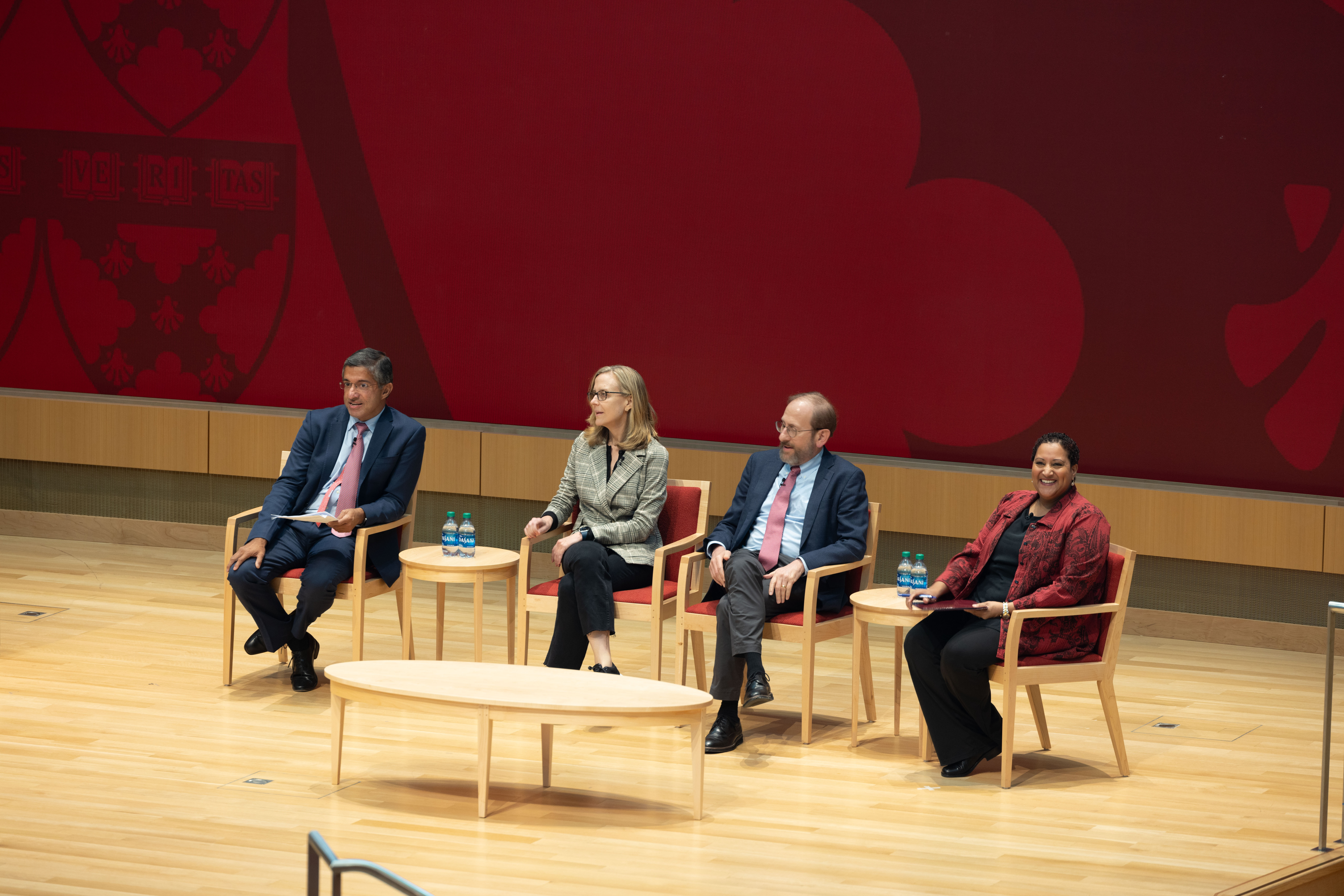 Afternoon plenary session. (Our speakers on stage from left to right) Bharat Anand, Amanda Claybaugh, Provost Alan M. Garber, Tsedal Neeley in conversation with audience.