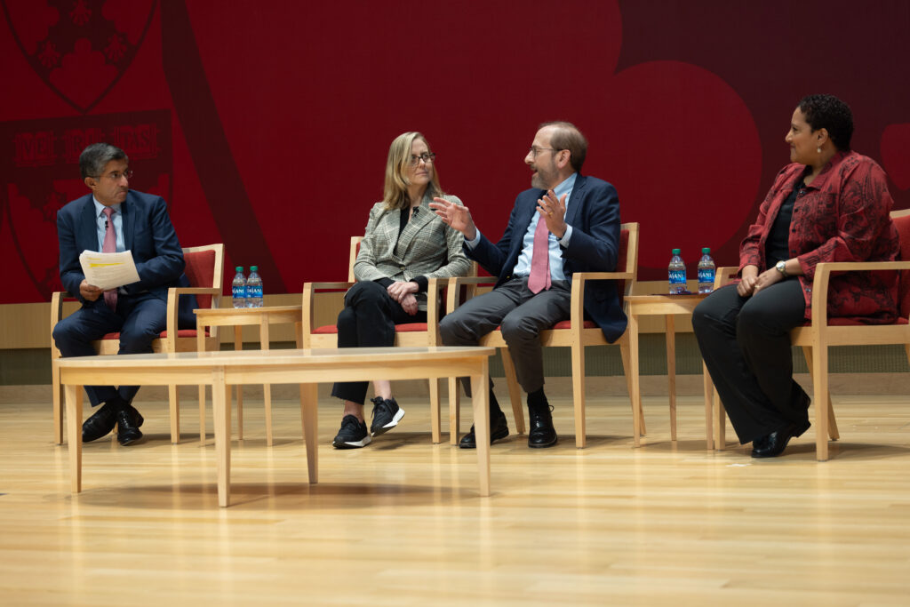 Afternoon plenary session. (Our speakers from left to right) Bharat Anand, Amanda Claybaugh, Provost Alan M. Garber, and Tsedal Neeley. Provost Alan M. Garber answering a question from moderator Bharat Anand.
