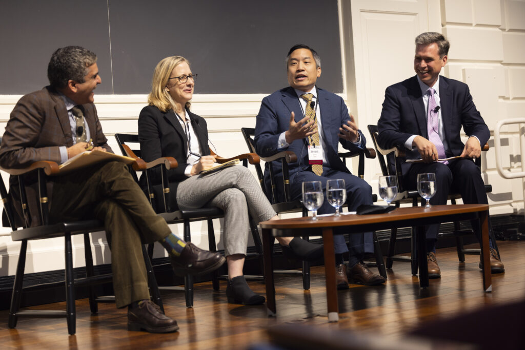 Morning Plenary #1: “How Did We Get Here?” panelist from left to right Rakesh Khurana, Amanda Claybaugh, Bernard Chang, Matthew Weinzierl