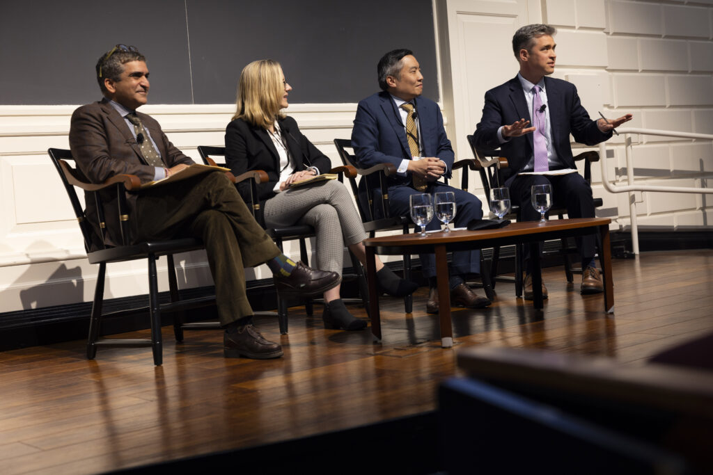 Morning Plenary #1: “How Did We Get Here?” panelist from left to right Rakesh Khurana, Amanda Claybaugh, Bernard Chang, Matthew Weinzierl