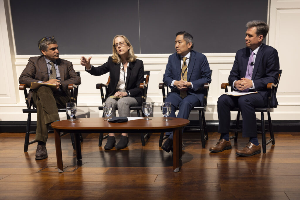 Morning Plenary #1: “How Did We Get Here?” panelist from left to right Rakesh Khurana, Amanda Claybaugh, Bernard Chang, Matthew Weinzierl